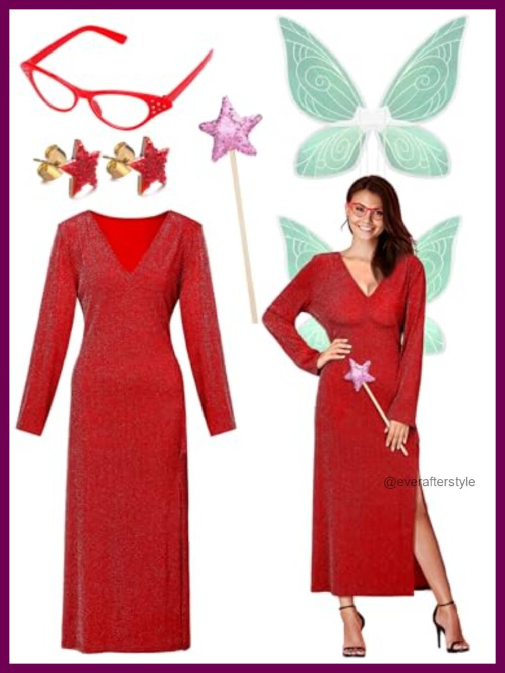 Godmother Costume Set Sequin Dress Wings Wand Glasses Earrings